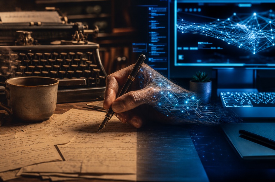 Umelecké stvárnenie spojenia ľudskej kreativity a digitálnej inteligencie pri tvorbe textov.