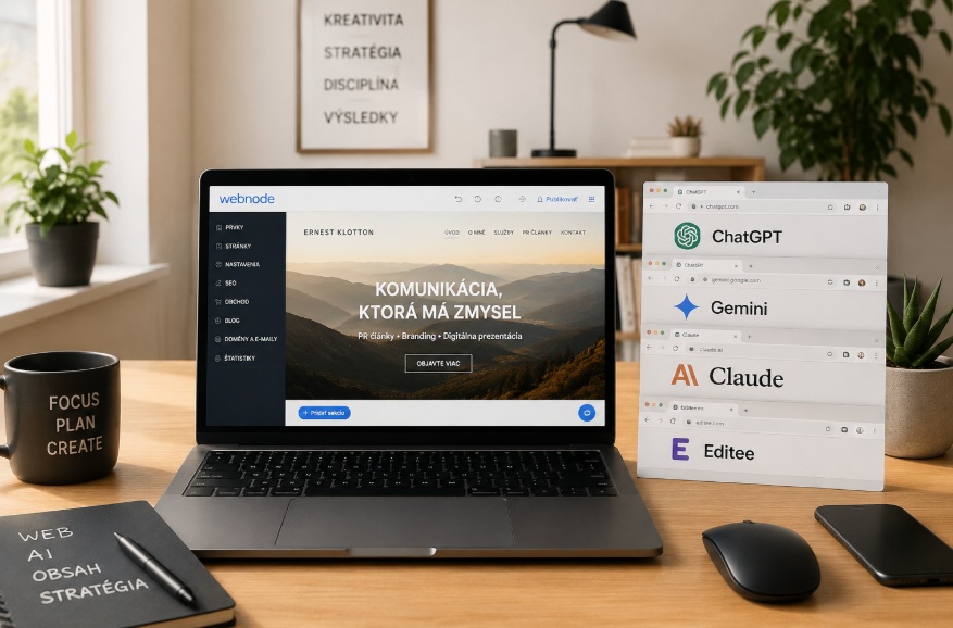 Moderný pracovný stôl s notebookom, Webnode editor na obrazovke a otvorené AI nástroje v prehliadači, v čistom minimalistickom prostredí.