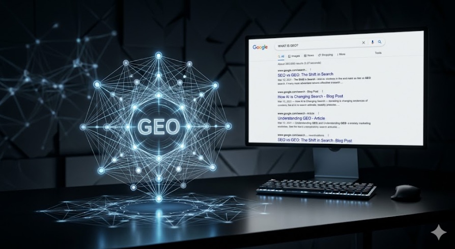 Tradičný zoznam modrých odkazov (SEO) v pozadí ustupuje inteligentnej syntéze dát (GEO), ktorú generuje umelá inteligencia. Ilustračný obrázok AI Gemini