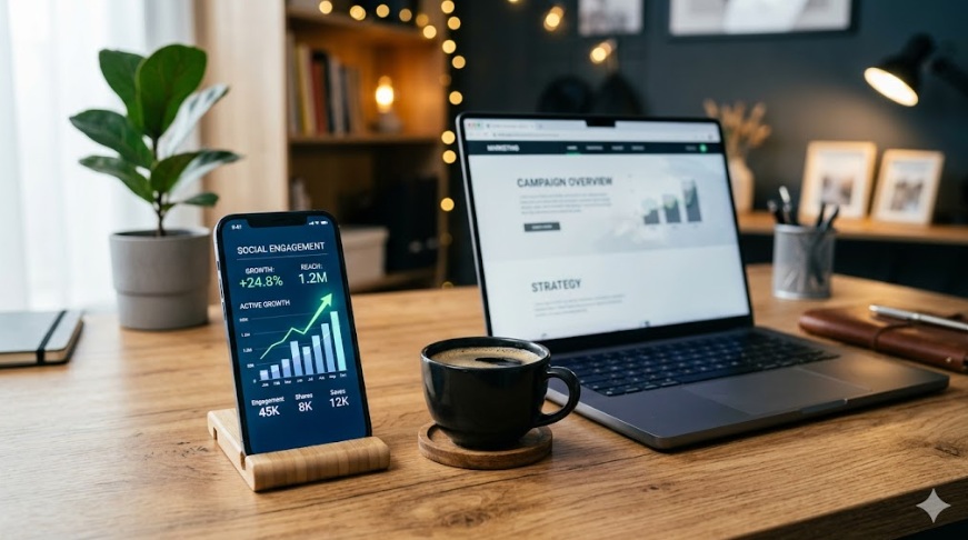 Ilustračný obrázok: Moderné rozhranie marketingovej analýzy a rastu angažovanosti na sociálnych sieťach. Autorstvo: Vygenerované AI Google Gemini.